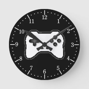 ゲームコントローラ白黒8ビットビデオゲームスタイル ラウンド壁時計