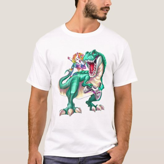 ゲームコントロール付きダビングUnicorn乗り恐竜 Tシャツ (正面)