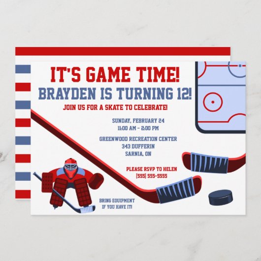 ゲームタイムだ！アイスホッケー誕生日パーティー 招待状 (正面/裏面)