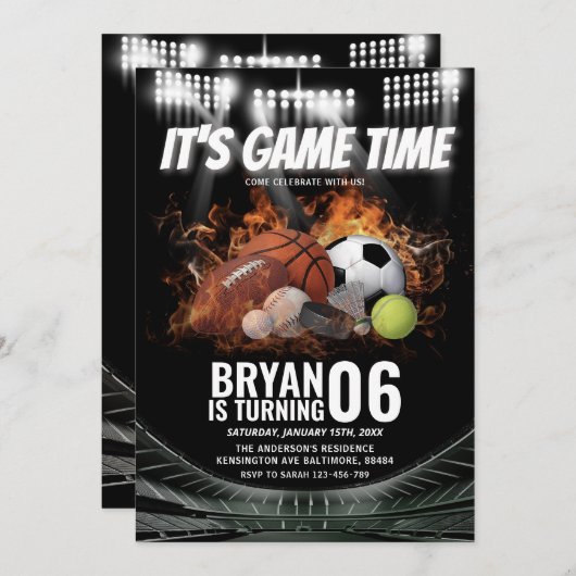 ゲームタイムキッズオールスタースポーツ誕生日 招待状 (正面/裏面)