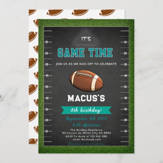 ゲームタイムフットボール誕生日パーティーだ 招待状 (正面/裏面)