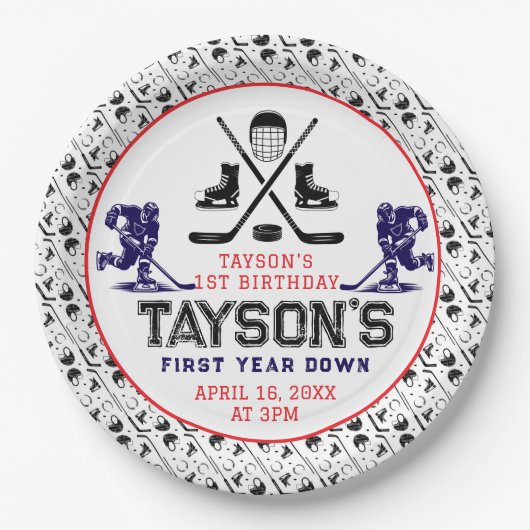 ゲームタイムホッケーの最初の誕生日パーティー ペーパープレート (正面)