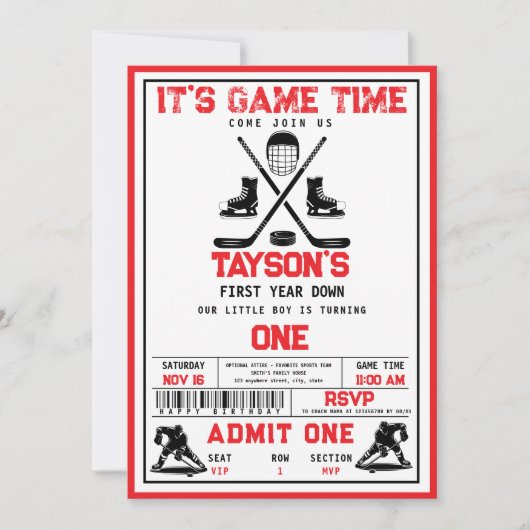 ゲームタイムホッケーの最初の誕生日パーティー 招待状 (正面)