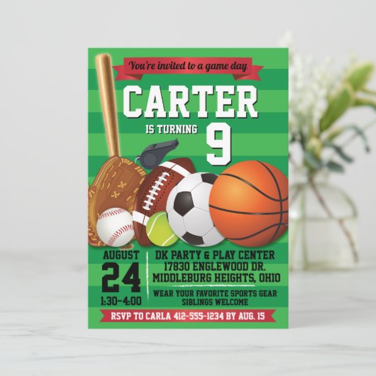 ゲームデイスポーツチーム誕生日パーティー 招待状 (スタンド正面)