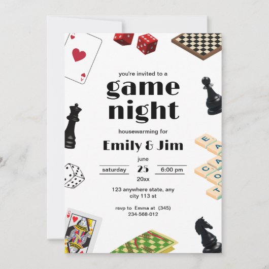 ゲームナイトパーティの招待状、引っ越し祝いパーティーパーティー 招待状 (正面)