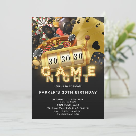 ゲームナイト誕生日パーティブラック金ゴールド 招待状 (スタンド正面)