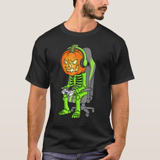 ゲームハロウィーンスケルトンハロウィーンのカボチャのちょうちんゲーマーボーイ Tシャツ (正面)