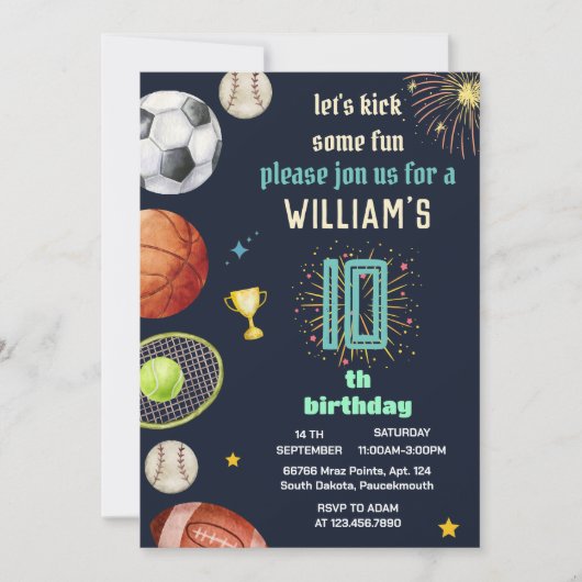 ゲームモダンブルーキッズボーイズスポーツ10誕生日 招待状 (正面)