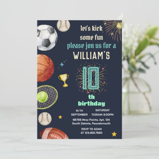 ゲームモダンブルーキッズボーイズスポーツ10誕生日 招待状 (スタンド正面)