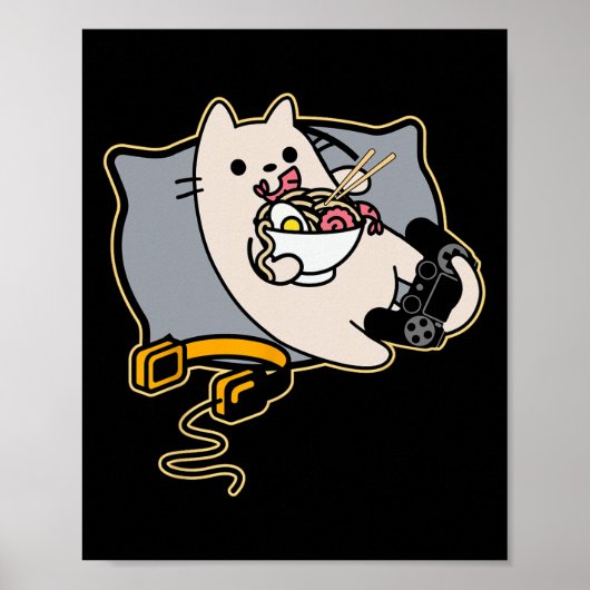 ゲーム中断中のラーメンを食べるオタクな猫ゲーマー ポスター (正面)