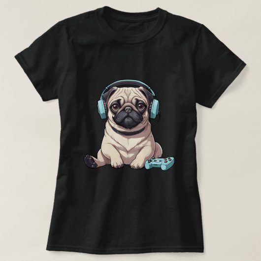 ゲーム愛好家ゲーミングファンのための可愛いパグ犬 Tシャツ (デザイン正面)