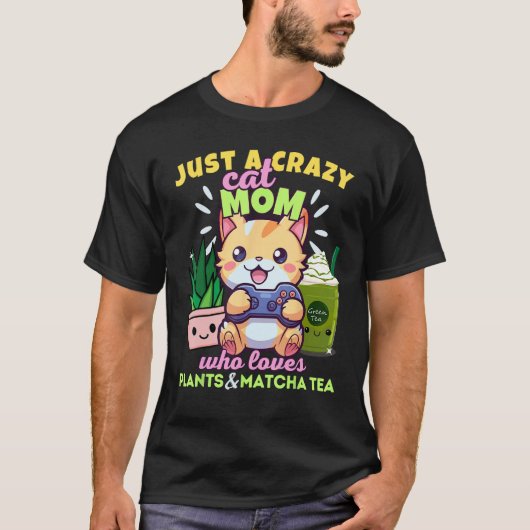 ゲーム熱狂する植物が大好きな猫ママ抹茶ラテ Tシャツ (正面)