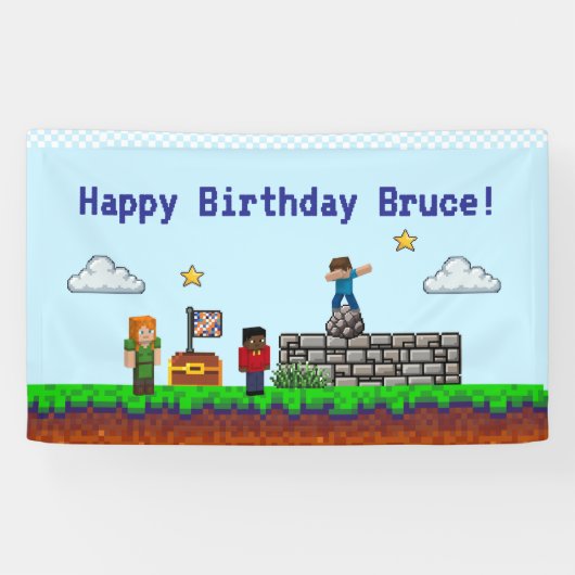 ゲーム開始！ ピクセルブロックゲーム誕生日 横断幕 (横)