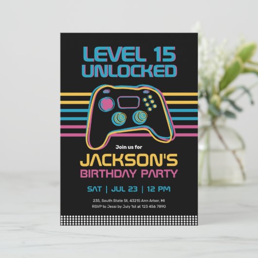 ゲーム10代のゲーマーボーイビデオゲームプレーヤー誕生日 招待状 (スタンド正面)