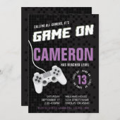 ゲームGamingネオンパープル、任意の年齢の誕生日パーティー 招待状 (正面/裏面)