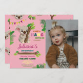 コアラかわいい女の子パーティー誕生日ピンク写真 招待状 (正面/裏面)