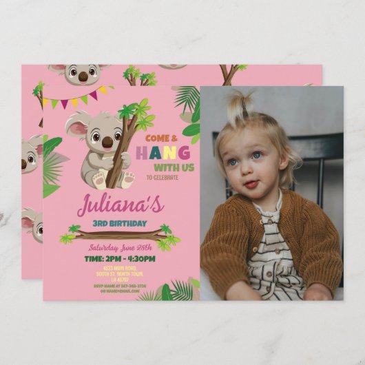 コアラかわいい女の子パーティー誕生日ピンク写真 招待状 (正面/裏面)