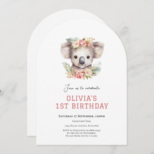 コアラかわいい最初の誕生日の招待 招待状 (正面/裏面)