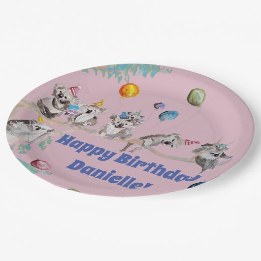 コアラさんが誕生パーティーで動物の女の子をピンクに ペーパープレート (アングル)