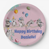 コアラさんが誕生パーティーで動物の女の子をピンクに ペーパープレート (正面)