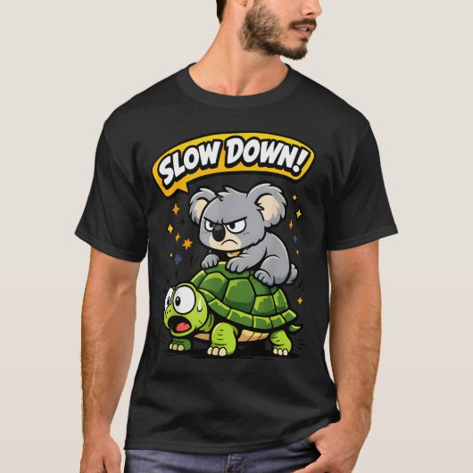 コアラに乗られたカメ 楽しい動物 Tシャツ (正面)