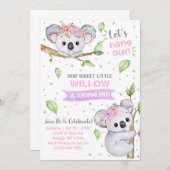 コアラの女の子の誕生日招待状（年齢不問） 招待状 (正面/裏面)