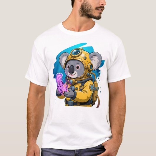 コアラの深海ダイバー かわいいキャラクター探検家 Tシャツ (正面)