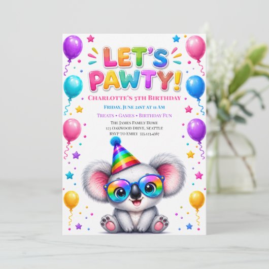 コアラの誕生日パーティーの招待状 Let's Pawty 招待状 (スタンド正面)