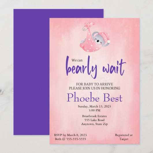 コアラの赤ちゃんのシャワー招待状 招待状 (正面/裏面)