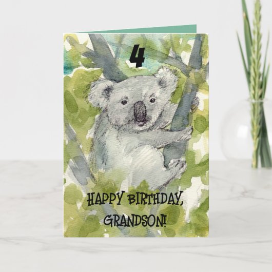 コアラの野生動物と4歳の誕生日おめでとう孫 カード (正面)
