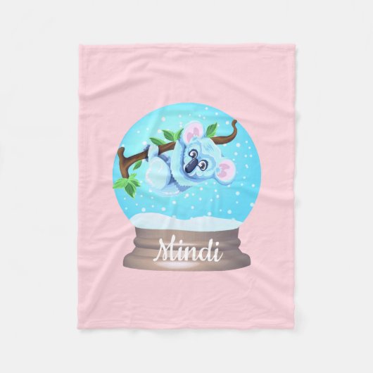 コアラは可愛いスノーグローブピンクのブルー フリースブランケット (正面)