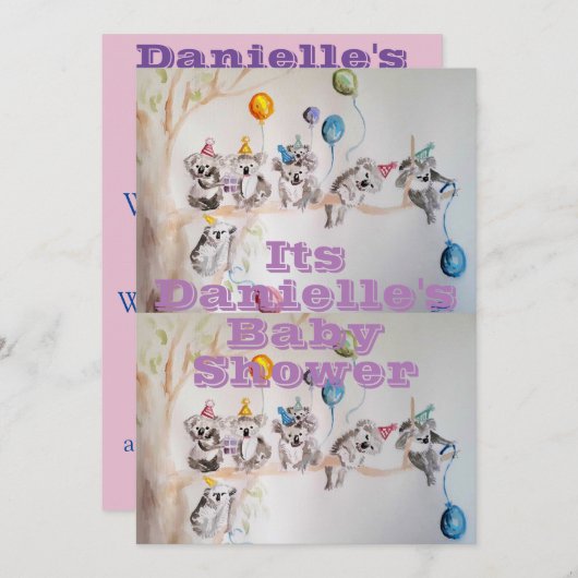 コアラアートウォーターカラーガールズベビーシャワー招待状 招待状 (正面/裏面)