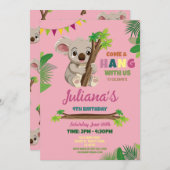 コアラカワイガールズパーティー誕生日ピンク 招待状 (正面/裏面)
