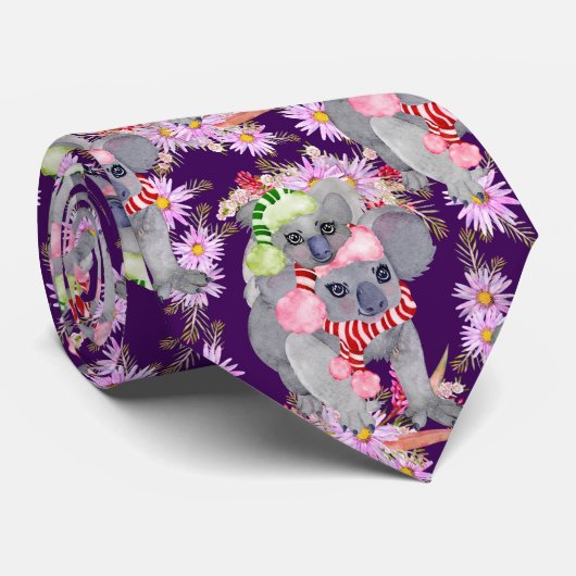 コアラクリスマスボタニカルフェスティバルパープル ネクタイ (ロール)