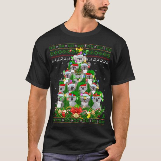 コアラクリスマス照明ツリーサンタコアラ醜いクリスマ Tシャツ (正面)