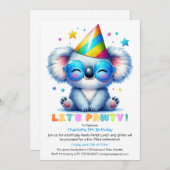 コアラクール誕生日招待状ブルーグリッターパーティー 招待状 (正面/裏面)