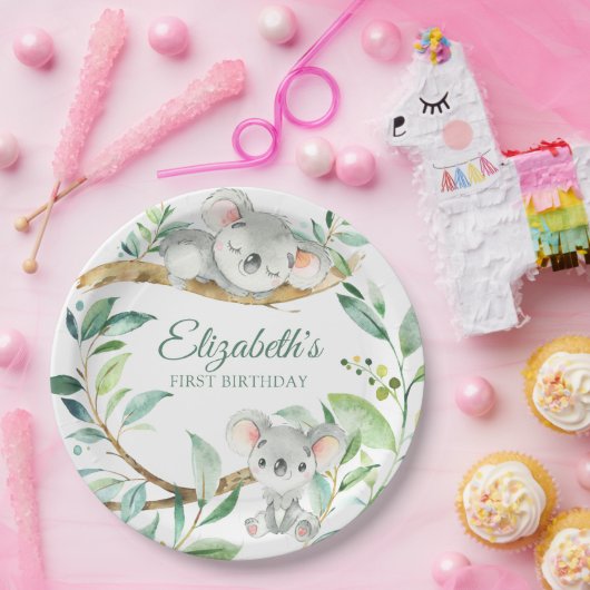 コアラグリーンアンドグレー男女兼用ベビー誕生日 ペーパープレート (パーティー)
