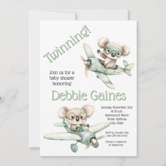 コアラツインベビーシャワー招待状 | 男女兼用 招待状 (正面)