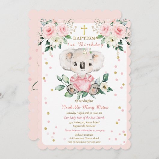 コアラパーソナライズされたバプティスアンドファースト誕生日 招待状 (正面/裏面)