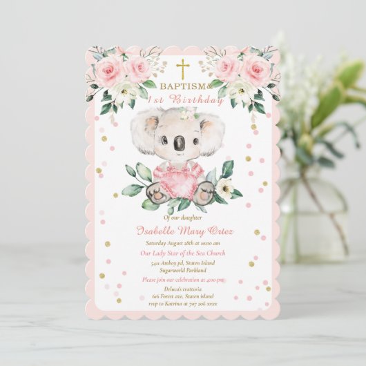 コアラパーソナライズされたバプティスアンドファースト誕生日 招待状 (スタンド正面)