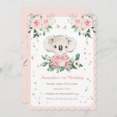 コアラパーソナライズされたベアーガール1歳の誕生日 招待状 (正面/裏面)