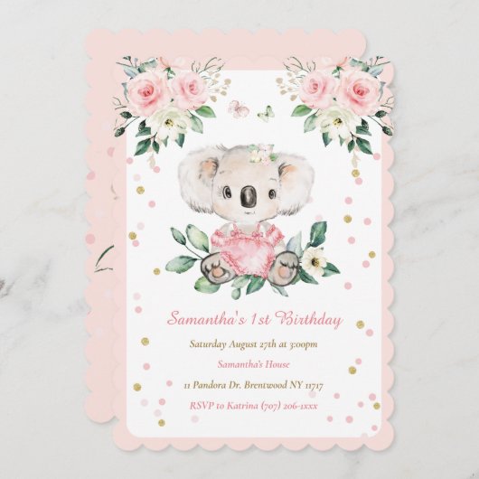 コアラパーソナライズされたベアーガール1歳の誕生日 招待状 (正面/裏面)