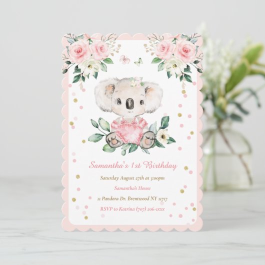 コアラパーソナライズされたベアーガール1歳の誕生日 招待状 (スタンド正面)