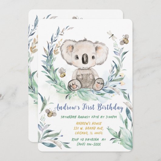 コアラパーソナライズされたボーイファースト誕生日 招待状 (正面/裏面)