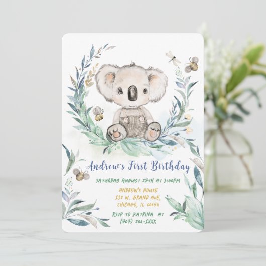 コアラパーソナライズされたボーイファースト誕生日 招待状 (スタンド正面)