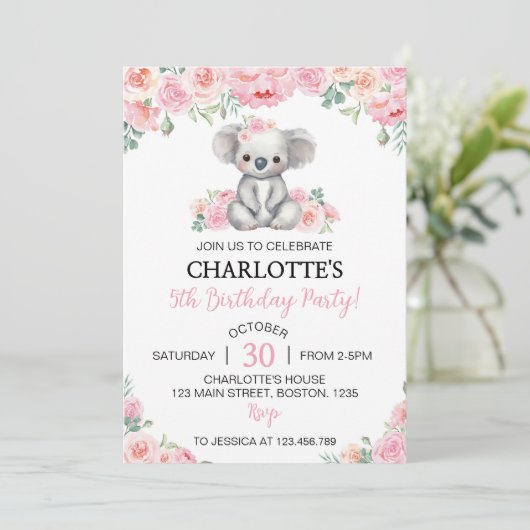 コアラピンクフローラグリーナリーガールバースデーパーティー 招待状 (スタンド正面)