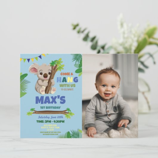 コアラブルーパーティー誕生日かわいい写真 招待状 (スタンド正面)
