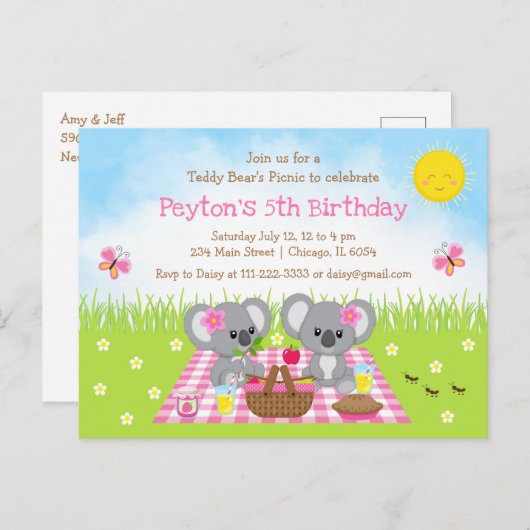 コアラベアのピクニック ピンクのギンガム 誕生日 ポストカード (正面/裏面)