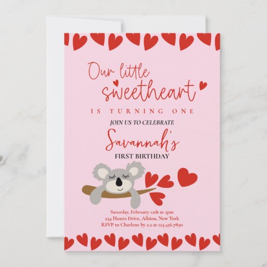 コアラベアバレンタインズデイスウィートアート誕生日 招待状 (正面)