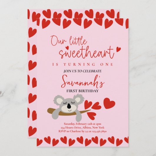 コアラベアバレンタインズデイスウィートアート誕生日 招待状 (正面/裏面)